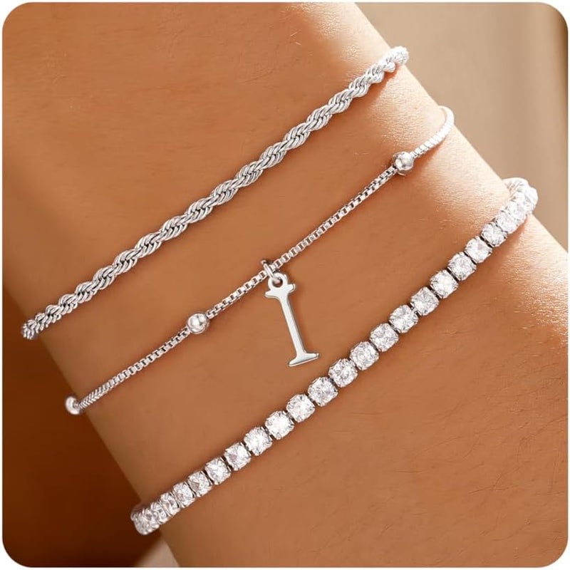 JIAOGE Valentines Day Gifts for Her Kids - Dainty Gold Bracelets for Women Personalized Gold/Silver Initial Bracelet Stack Stackable Rope Box Chain Tennis Bracelets for Girls Jewelry Set - Image 1